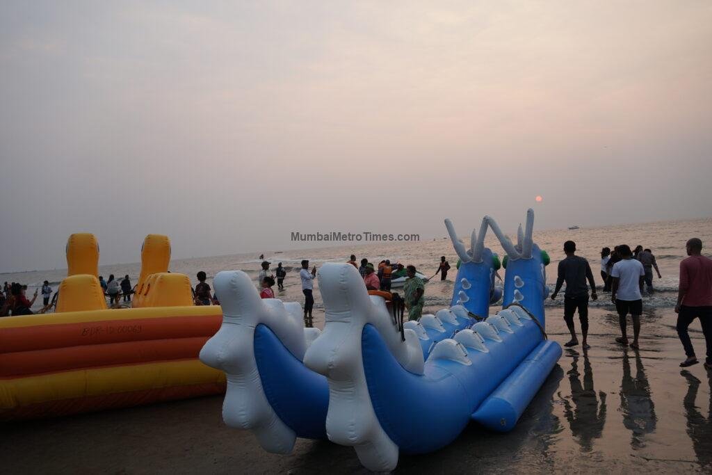 Inflatable rides lined up on Juhu Beach