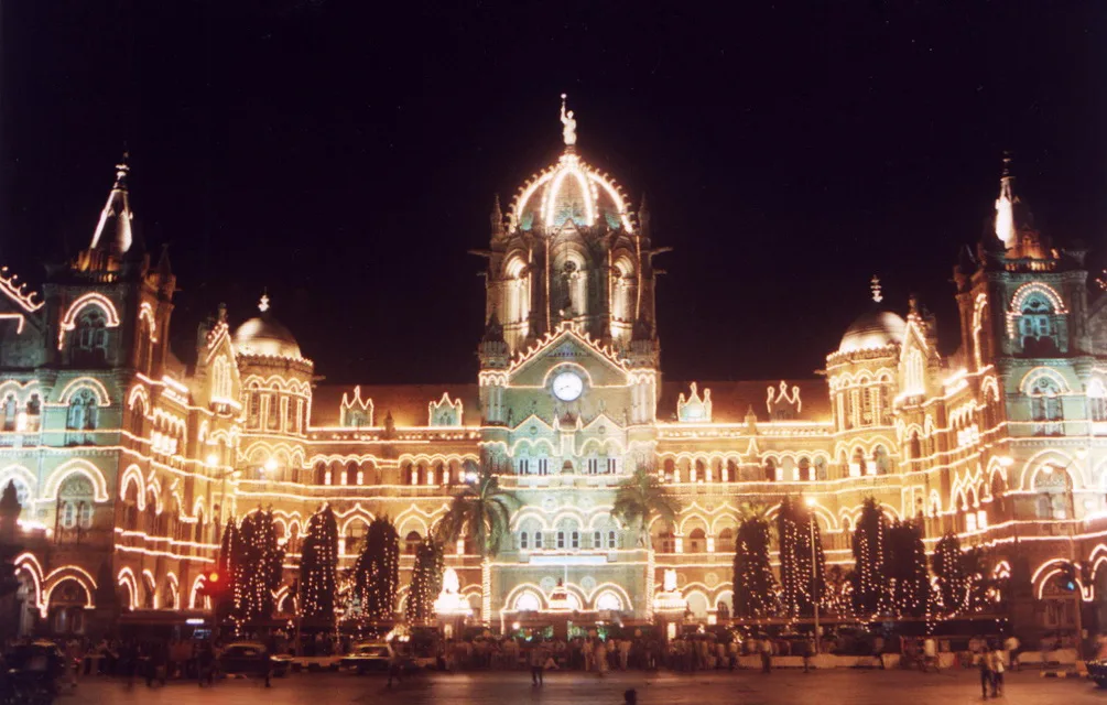 Chhatrapati Shivaji Maharaj Terminus lit up at night, Mumbai
