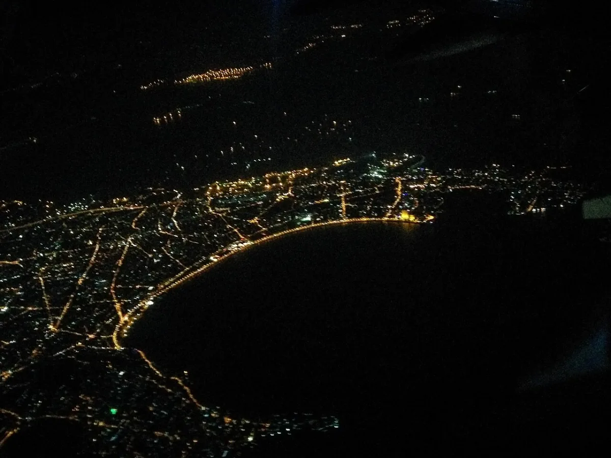 Marine Drive lit up at night, the Queen's Necklace, seen from above
