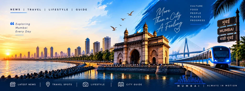 Mumbai banner – Marine Drive, Gateway of India, Bandra-Worli Sea Link and Mumbai Metro